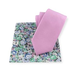Men’s Cotton Candy Pink Slim Necktie & Watercolor Floral Print Pocket Square
